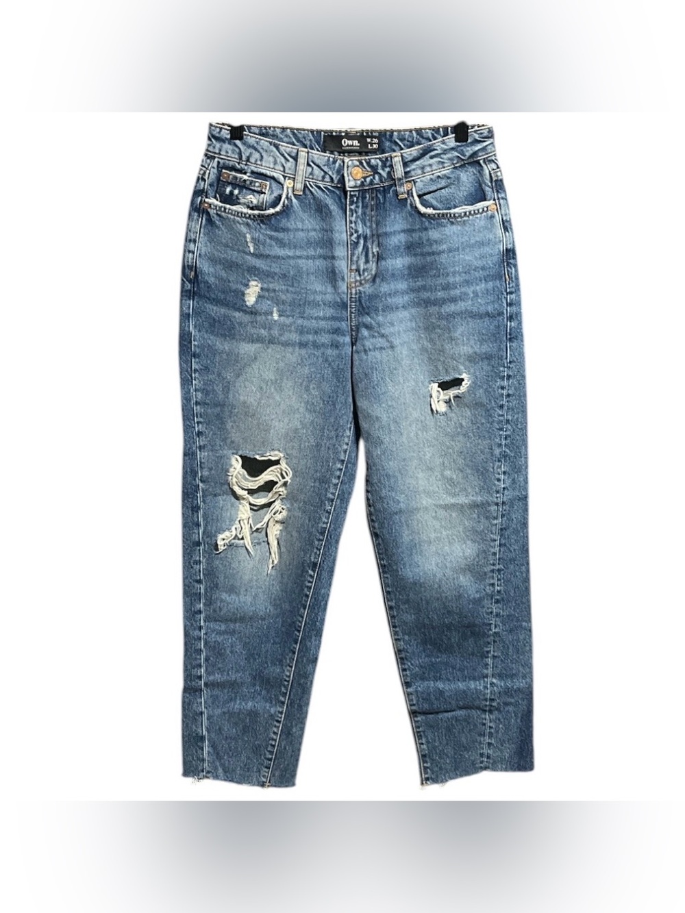 Own. Distressed High Rise Mom Jeans in Medium Blue Wash with Raw Frayed Hems